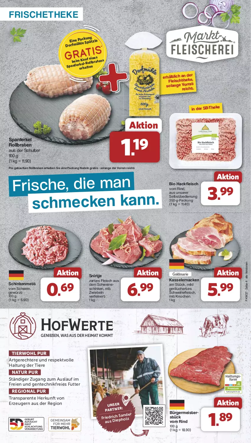 Aktueller Prospekt Famila - Prospekte - von 09.09 bis 14.09.2024 - strona 4 - produkty: bio, braten, eis, ente, fleisch, Germ, gewürz, hackfleisch, Holz, kasseler, Meister, Mett, mit zwiebeln, natur, nudel, nudeln, rind, rollbraten, schinken, schwein, schweine, schweinefleisch, Ti, Tiere, wein, weine, zwiebel, zwiebeln