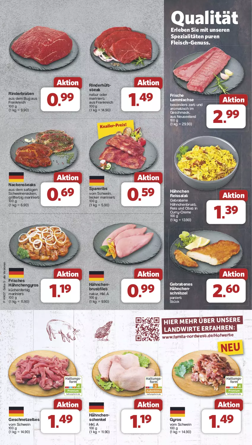 Aktueller Prospekt Famila - Prospekte - von 09.09 bis 14.09.2024 - strona 5 - produkty: braten, brustfilet, creme, curry, eis, Elan, filet, fleisch, geschnetzeltes, grill, gyros, hähnchenbrust, hähnchenbrustfilet, Hähnchengyros, hähnchenschenkel, Hähnchenschnitzel, henkel, hüftsteak, küche, Küchen, lachs, lamm, lammlachse, mac, Nackensteak, nackensteaks, natur, nuss, obst, reis, reiss, rind, rinder, rinderbraten, saft, salat, schenkel, schnitzel, schwein, schweine, schweinenacken, spareribs, Spezi, steak, steaks, Ti, tisch, wein, weine, Zelt