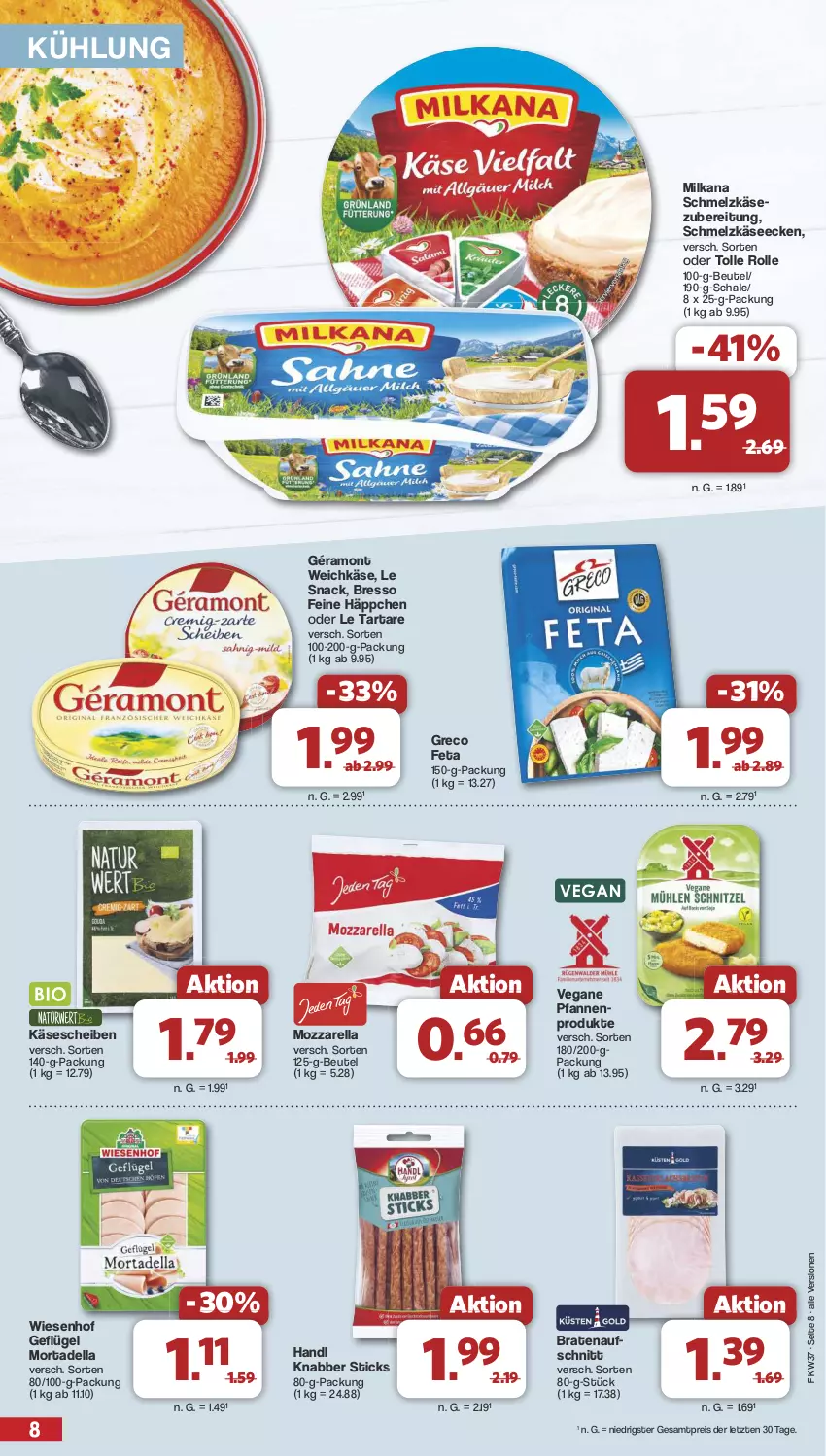 Aktueller Prospekt Famila - Prospekte - von 09.09 bis 14.09.2024 - strona 8 - produkty: beutel, braten, bresso, dell, eis, feta, Geflügel, géramont, Käse, käsescheiben, milka, milkana, mortadella, mozzarella, pfanne, pfannen, reis, rel, Schal, Schale, Schmelzkäse, snack, Ti, weichkäse, wiesenhof, ZTE