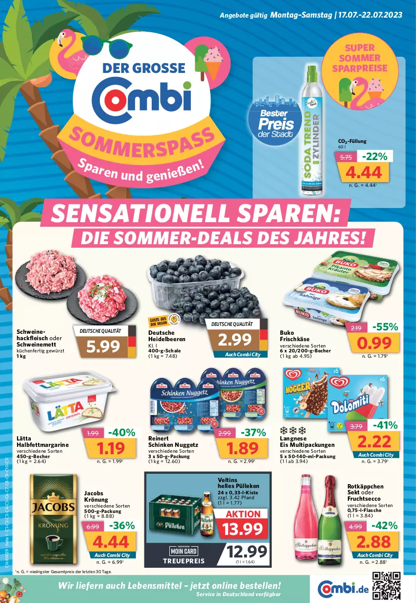 Aktueller Prospekt Combi - Prospekte - von 17.07 bis 22.07.2023 - strona 1 - produkty: angebot, angebote, Becher, beere, beeren, Buko, ecco, eis, elle, flasche, fleisch, frischkäse, frucht, fruchtsecco, gewürz, hackfleisch, heidelbeere, heidelbeeren, jacobs, jacobs krönung, Käse, küche, Küchen, langnese, langnese eis, lätta, lebensmittel, margarine, Mett, reinert, reis, rotkäppchen, Schal, Schale, schinken, schwein, schweine, schweinemett, sekt, Ti, veltins, wein, weine, ZTE