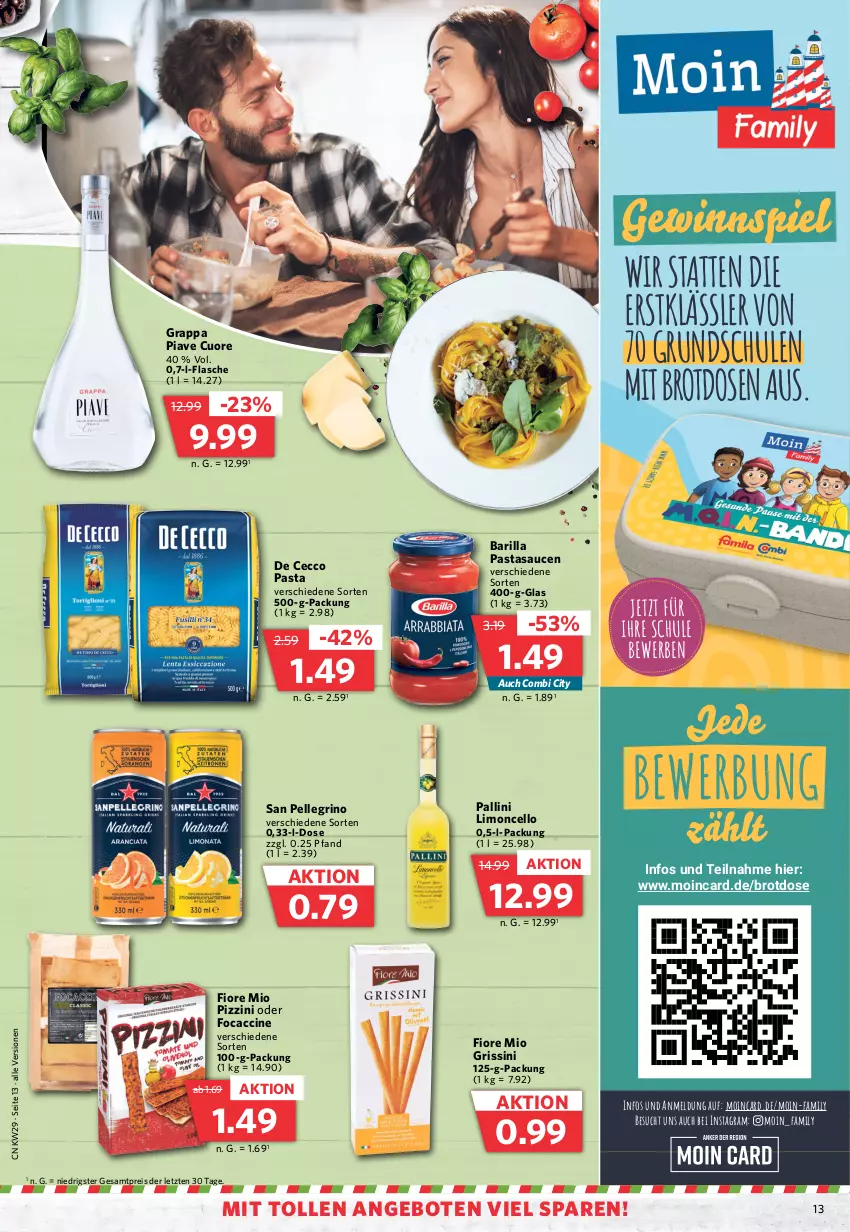 Aktueller Prospekt Combi - Prospekte - von 17.07 bis 22.07.2023 - strona 13 - produkty: ACC, angebot, angebote, barilla, brot, Brotdose, cin, De Cecco, ecco, eis, elle, flasche, gewinnspiel, grappa, grissini, limo, pasta, reis, san pellegrino, sauce, saucen, spirituosen, Ti, ZTE