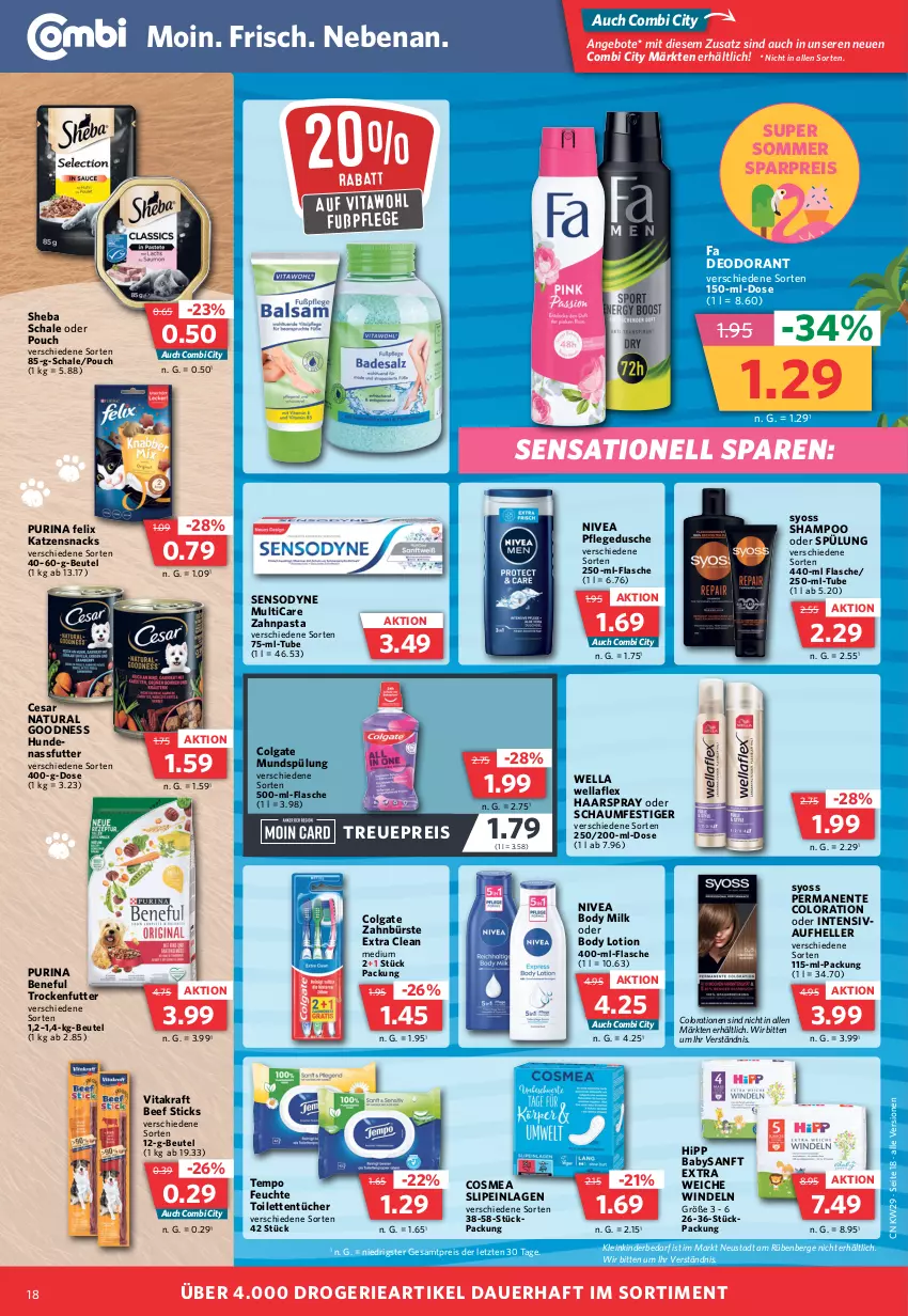 Aktueller Prospekt Combi - Prospekte - von 17.07 bis 22.07.2023 - strona 18 - produkty: angebot, angebote, auer, beef, beutel, body, body lotion, body milk, bürste, colgate, Colorationen, cosmea, deo, deodorant, dusche, eis, elle, ente, felix, flasche, haarspray, hipp, katzensnack, katzensnacks, Kinder, kraft, LG, Lotion, mundspülung, nassfutter, natur, natura, nivea, oder schaumfestiger, pasta, pflegedusche, purina, reis, Schal, Schale, schaumfestiger, sensodyne, shampoo, shampoo oder spülung, sheba, slip, slipeinlagen, snack, snacks, spülung, syoss, Tempo, Ti, toilettentücher, trockenfutter, tücher, vita, vitakraft, Wella, wellaflex, windeln, Yo, zahnbürste, zahnpasta, ZTE