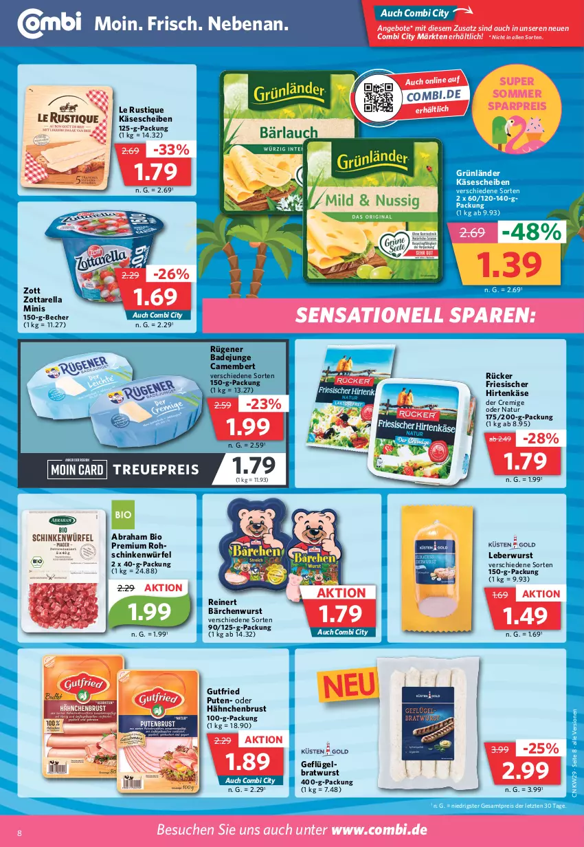 Aktueller Prospekt Combi - Prospekte - von 17.07 bis 22.07.2023 - strona 8 - produkty: angebot, angebote, Bad, Becher, bio, bratwurst, camembert, eis, friesischer hirtenkäse, Geflügel, grünländer, gutfried, hähnchenbrust, hirtenkäse, Käse, käsescheiben, Le Rustique, leberwurst, natur, pute, reinert, reis, rel, rohschinken, Rügener, rügener badejunge, schinken, Ti, würfel, wurst, zott, zottarella, zottarella minis, ZTE