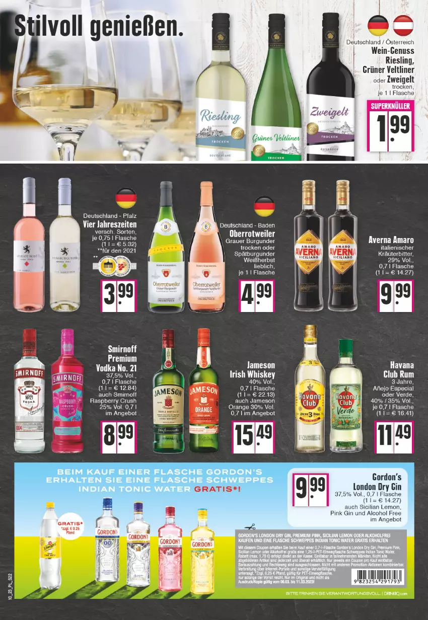 Aktueller Prospekt E Center - Angebote der Woche - von 06.03 bis 11.03.2023 - strona 22 - produkty: amaro, angebot, auer, averna, Bad, burgunder, drink, dry gin, elle, erde, flasche, gin, gordon, Gordon’s, grauer burgunder, grüner veltliner, irish whiskey, jameson, london dry, london dry gin, nuss, orange, raspberry, riesling, rum, smirnoff, Ti, wein, whiskey, Zweigelt