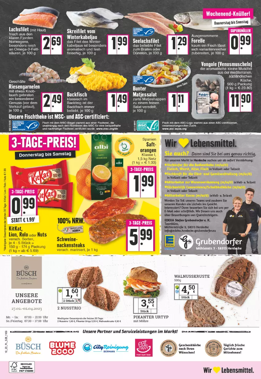 Aktueller Prospekt E Center - Angebote der Woche - von 06.03 bis 11.03.2023 - strona 28 - produkty: angebot, angebote, backfisch, braten, eier, eis, elle, filet, fisch, fische, Fischer, fischtheke, fleisch, forelle, garnelen, kitkat, lachs, lachsfilet, lebensmittel, leine, lion, matjes, Nackensteak, nackensteaks, nuss, omega, Omega-3, orange, orangen, Reinigung, reis, rel, Ria, riesengarnelen, saft, salat, Schere, schwein, schweine, steak, steaks, Ti, tisch, uhr, urtyp, walnuss, wein, weine, ZTE