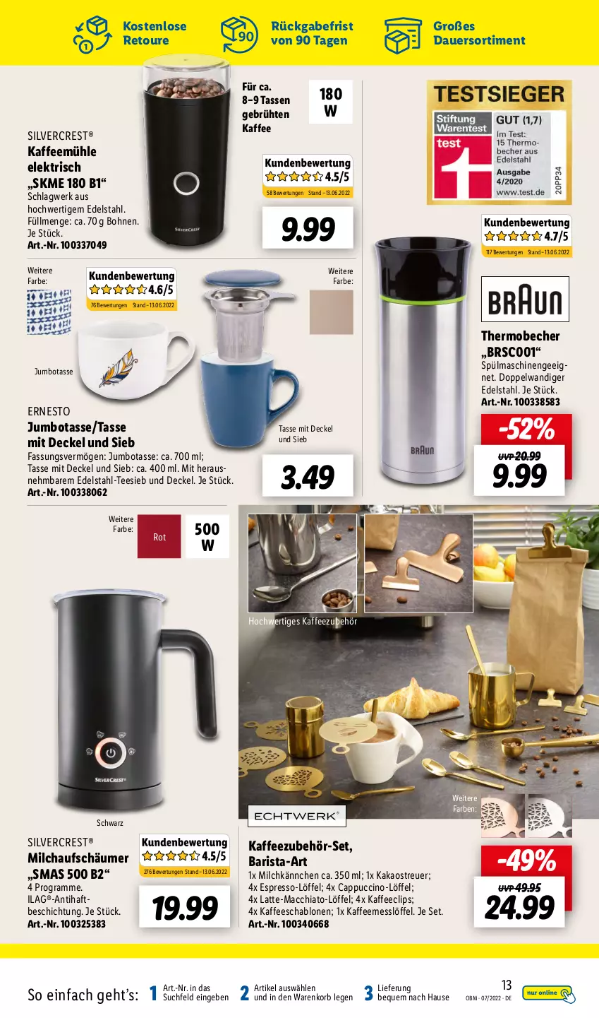 Aktueller Prospekt Lidl - Aktuelle Onlineshop-Highlights - von 01.07 bis 31.07.2022 - strona 13 - produkty: ACC, auer, Becher, bohne, bohnen, Cap, cappuccino, chia, cin, decke, Deckel, edelstahl, ernesto, espresso, ilag, jumbo, Jumbotasse, kaffee, Kaffeemühle, kakao, korb, latte, Löffel, mac, macchiato, milch, milchaufschäumer, silvercrest, spülmaschinen, tasse, tee, Ti