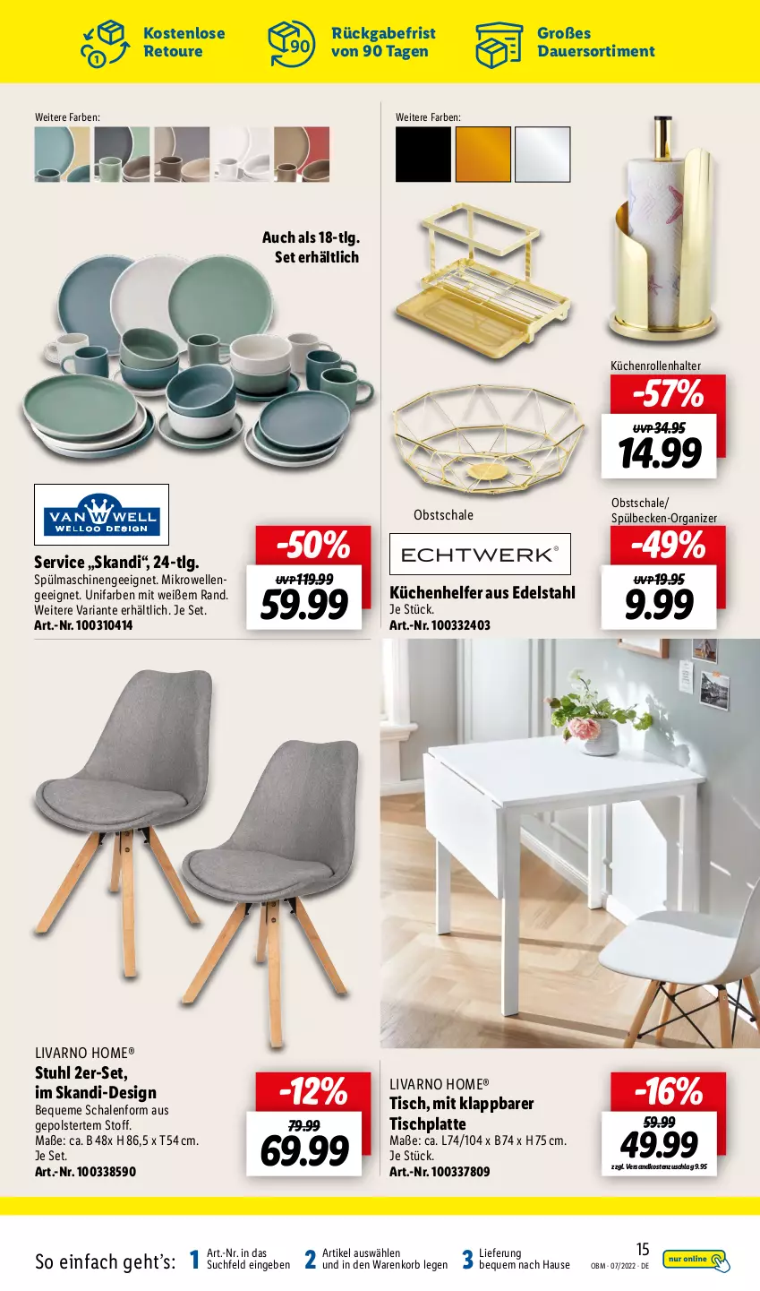 Aktueller Prospekt Lidl - Aktuelle Onlineshop-Highlights - von 01.07 bis 31.07.2022 - strona 15 - produkty: auer, edelstahl, elle, HP, korb, küche, Küchen, Küchenhelfer, küchenrolle, küchenrollen, latte, LG, mikrowelle, ndk, obst, Ria, Schal, Schale, spülmaschinen, stuhl, Ti, tisch, tischplatte