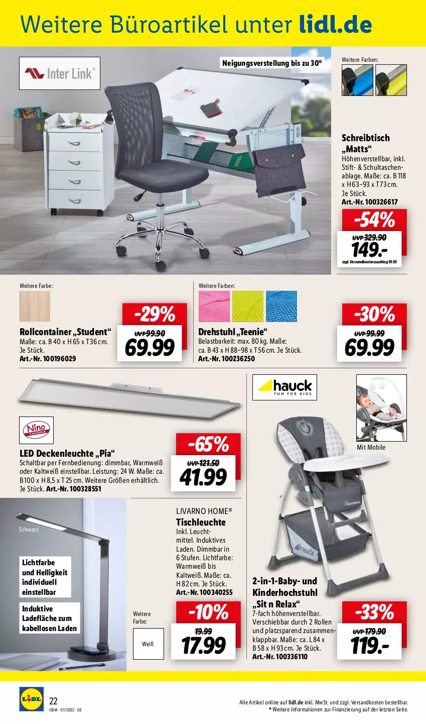 Aktueller Prospekt Lidl - Aktuelle Onlineshop-Highlights - von 01.07 bis 31.07.2022 - strona 22 - produkty: Container, decke, deckenleuchte, drehstuhl, eis, fernbedienung, Kinder, LED Deckenleuchte, Leuchte, leuchtmittel, ndk, rel, rollcontainer, Schal, schreibtisch, stuhl, Tasche, taschen, tee, Ti, tisch, tischleuchte, ZTE