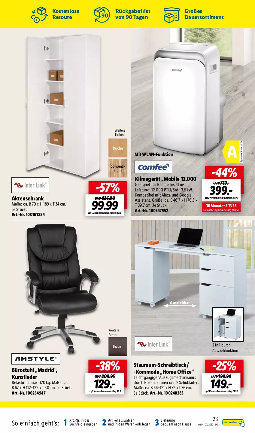 Aktueller Prospekt Lidl - Aktuelle Onlineshop-Highlights - von 01.07 bis 31.07.2022 - strona 23 - produkty: Aktenschrank, alexa, auer, braun, buch, eis, klimagerät, kommode, korb, Mode, ndk, office, rum, Schrank, schreibtisch, schubladen, Spektrum, stuhl, Ti, tisch