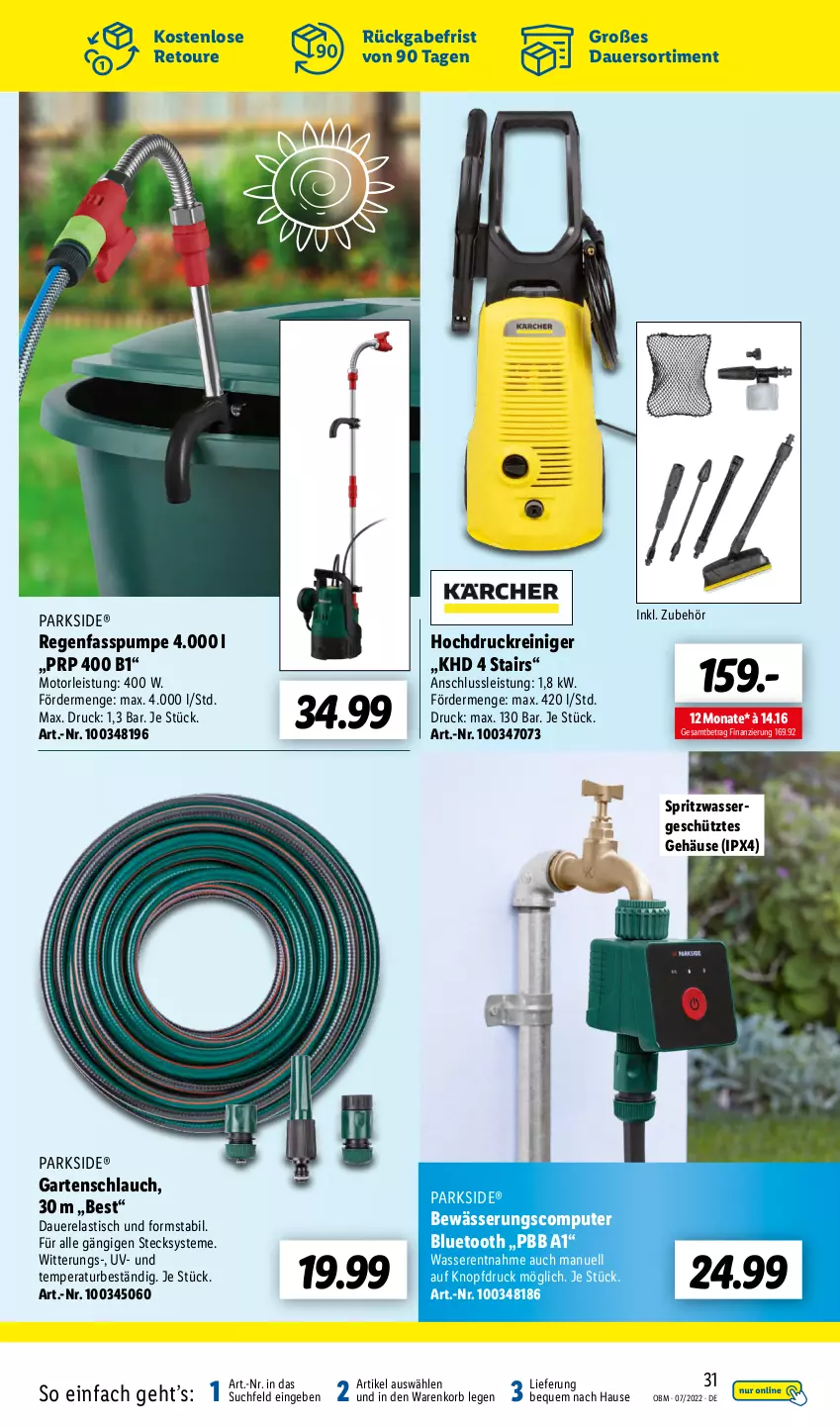 Aktueller Prospekt Lidl - Aktuelle Onlineshop-Highlights - von 01.07 bis 31.07.2022 - strona 31 - produkty: asti, auer, computer, eis, Garten, gartenschlauch, hochdruckreiniger, korb, Parkside, pute, reiniger, rel, schlauch, Ti, tisch, wasser, ZTE