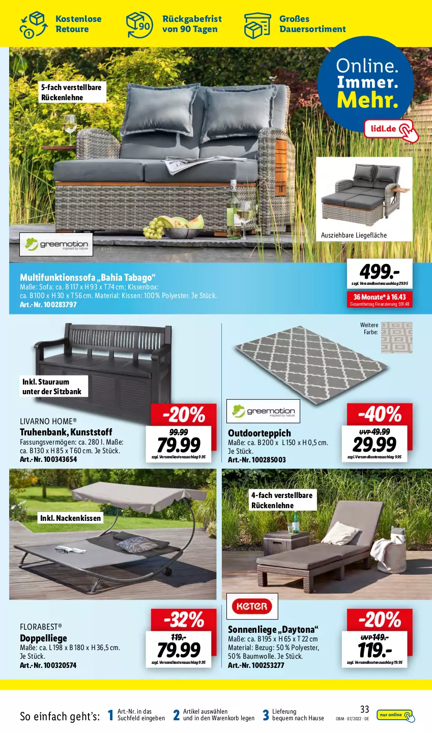 Aktueller Prospekt Lidl - Aktuelle Onlineshop-Highlights - von 01.07 bis 31.07.2022 - strona 33 - produkty: auer, Bank, Bau, baumwolle, florabest, funktionssofa, kissen, korb, Liege, nackenkissen, ndk, Ria, rückenlehne, sitzbank, Sofa, sonnenliege, teppich, Ti, wolle