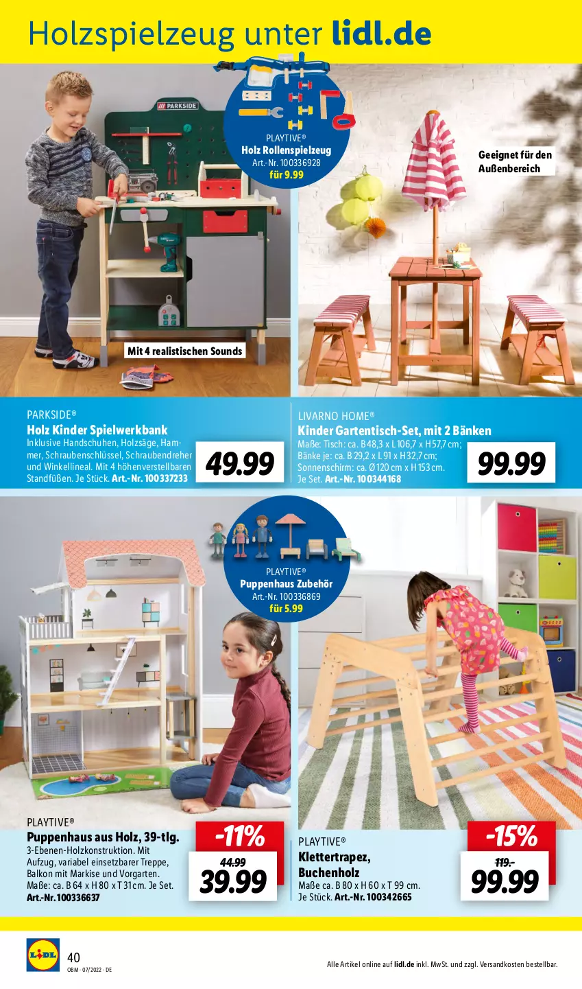 Aktueller Prospekt Lidl - Aktuelle Onlineshop-Highlights - von 01.07 bis 31.07.2022 - strona 40 - produkty: Bank, buch, Garten, gartentisch, handschuhe, Holz, Kinder, LG, ndk, Parkside, Puppe, Ria, säge, schrauben, Schraubendreher, schuhe, sonnenschirm, spielzeug, Ti, tisch