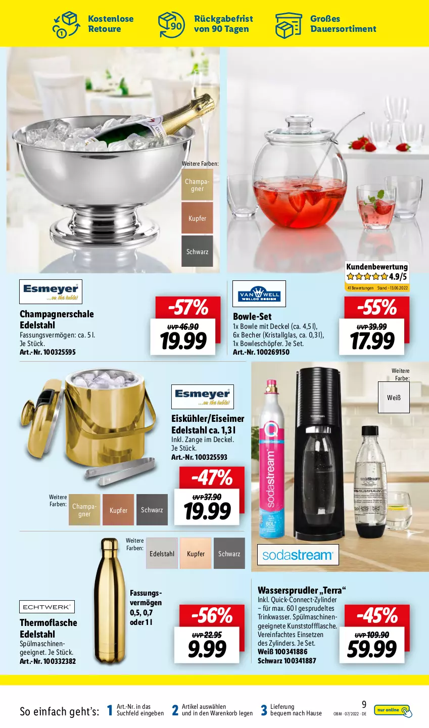 Aktueller Prospekt Lidl - Aktuelle Onlineshop-Highlights - von 01.07 bis 31.07.2022 - strona 9 - produkty: auer, Becher, bowle, champagne, champagner, decke, Deckel, edelstahl, eimer, eis, flasche, korb, LG, Schal, Schale, Sprudel, spülmaschinen, Ti, wasser, wassersprudler