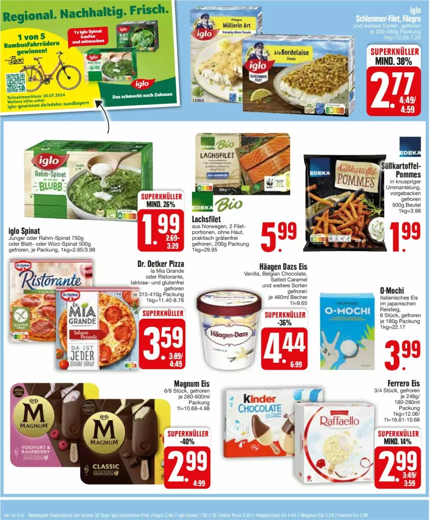 Aktueller Prospekt Edeka - Prospekte - von 15.07 bis 20.07.2024 - strona 10 - produkty: bambus, Becher, beutel, caramel, cola, deka, eis, ferrero, filet, geback, iglo, lachs, lachsfilet, LG, magnum, Mantel, Mochi, pizza, rahm-spinat, reis, ristorante, rwe, spinat, Ti, tisch