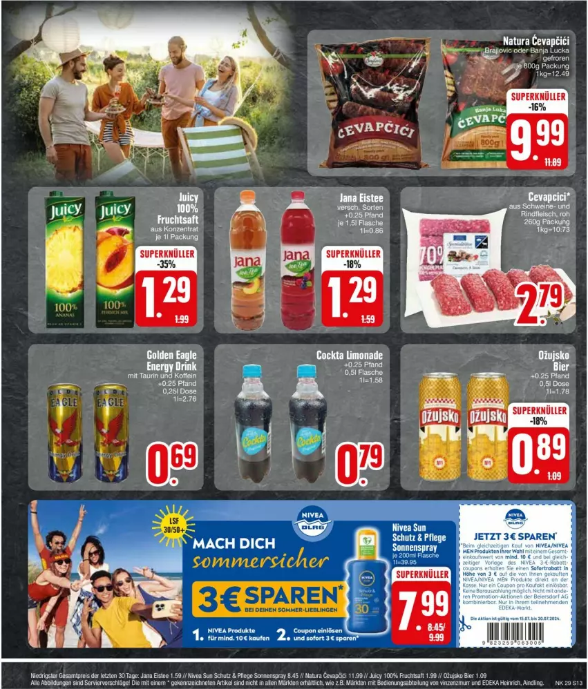 Aktueller Prospekt Edeka - Prospekte - von 15.07 bis 20.07.2024 - strona 13 - produkty: Abtei, bier, deka, eis, eistee, flasche, frucht, fruchtsaft, mac, natur, natura, nivea, nivea sun, reis, saft, sonnenspray, tee, Ti, ZTE