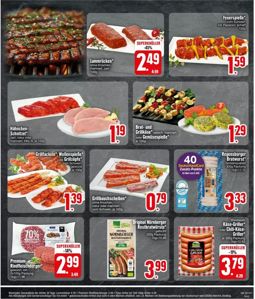 Aktueller Prospekt Edeka - Prospekte - von 15.07 bis 20.07.2024 - strona 17 - produkty: Bau, bauchscheiben, burger, deka, deutschlandcard, eis, elle, fleisch, grill, Grillbauch, Käse, lamm, Lammrücken, natur, reis, rind, rindfleisch, Rindfleischburger, schwein, spitzenqualität, wein, ZTE