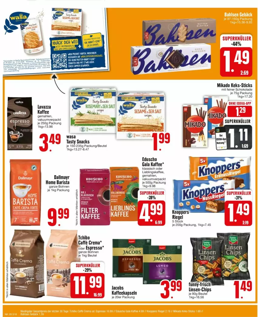 Aktueller Prospekt Edeka - Prospekte - von 15.07 bis 20.07.2024 - strona 18 - produkty: beutel, bohne, bohnen, caffe, chips, dallmayr, eduscho, espresso, funny-frisch, kaffee, kaffeekapseln, keks, lavazza, linsen, mikado, oder espresso, schoko, schokolade, snack, snacks, Tchibo, Ti, wasa