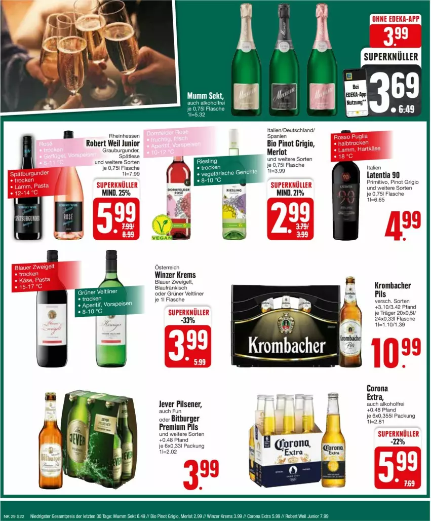 Aktueller Prospekt Edeka - Prospekte - von 15.07 bis 20.07.2024 - strona 22 - produkty: alkohol, auer, bio, bitburger, blauer zweigelt, burger, burgunder, corona, deka, flasche, grauburgunder, grüner veltliner, jever, jever pilsener, krombache, krombacher, krombacher pils, merl, merlot, pils, pilsener, Pinot, pinot grigio, premium pils, primitivo, Ti, Zweigelt