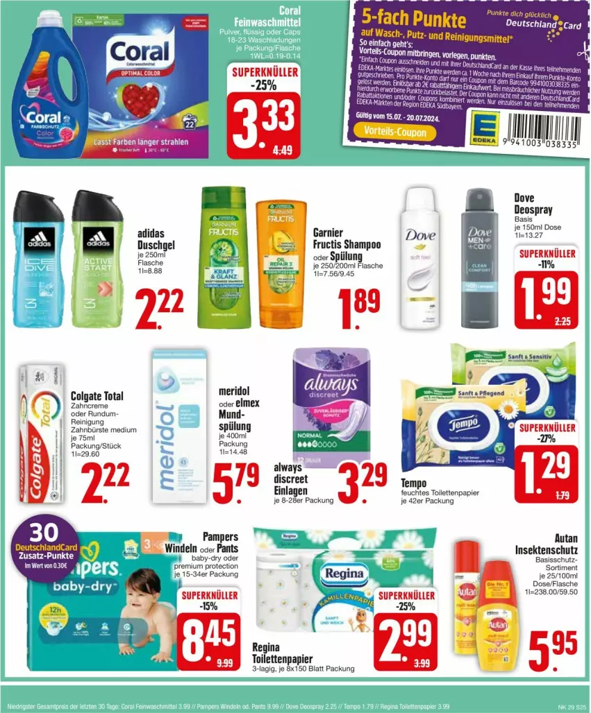 Aktueller Prospekt Edeka - Prospekte - von 15.07 bis 20.07.2024 - strona 25 - produkty: Alwa, Always, Autan, baby-dry, ball, bürste, colgate, colgate total, coupon, creme, deo, deospray, deutschlandcard, Discreet, dove, feuchtes toilettenpapier, flasche, fructis, garnier, gin, insektenschutz, LG, meridol, pampers, Pants, papier, Reinigung, sekt, shampoo, spülung, tee, Ti, toilettenpapier, windeln, windeln oder pants, zahnbürste, zahncreme