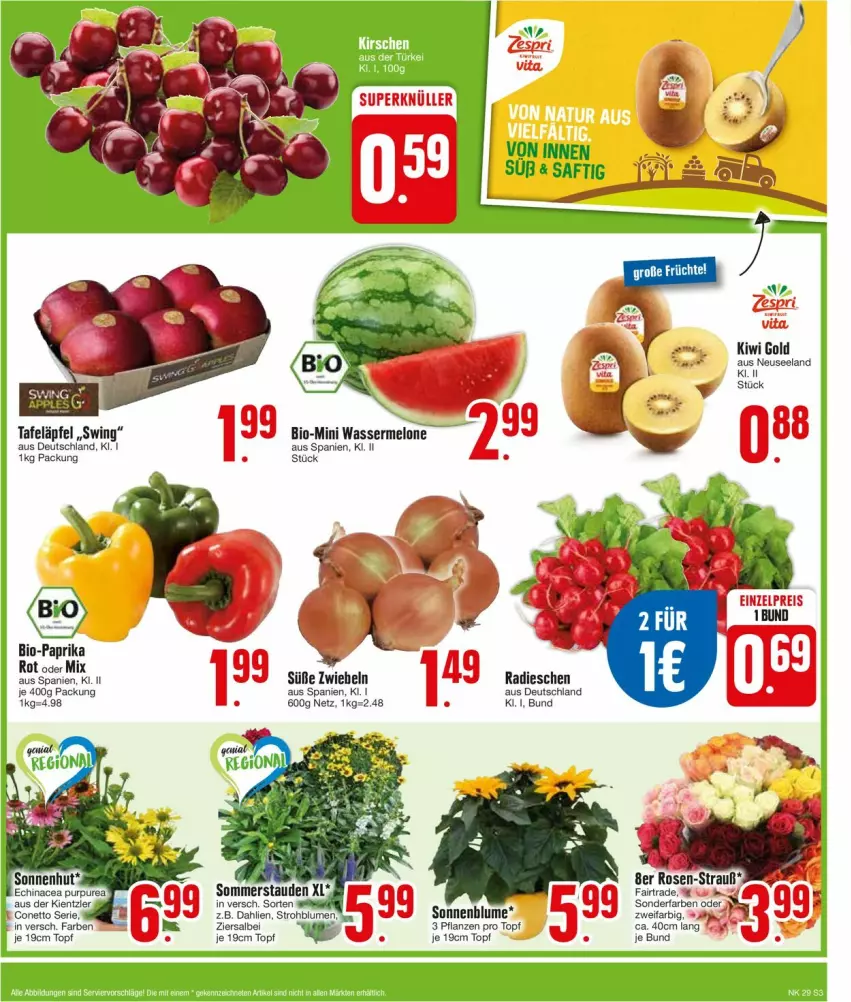 Aktueller Prospekt Edeka - Prospekte - von 15.07 bis 20.07.2024 - strona 3 - produkty: bio, Bio-Paprika, blume, blumen, dahlie, Elan, kiwi, Kiwi Gold, paprika, paprika rot, pflanze, pflanzen, radieschen, saft, sonnenblume, Strohblume, tafeläpfel, Ti, topf, wasser, zwiebel, zwiebeln