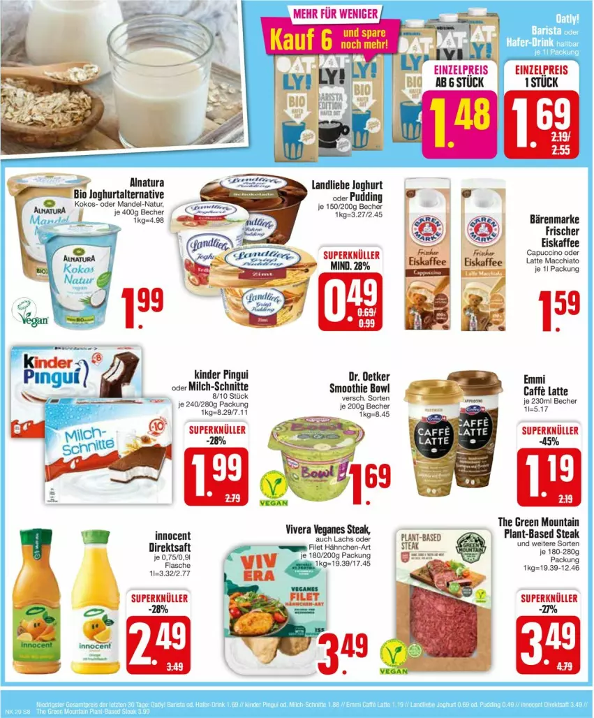 Aktueller Prospekt Edeka - Prospekte - von 15.07 bis 20.07.2024 - strona 8 - produkty: ACC, Becher, bio, caffe, Cap, chia, direktsaft, Dr. Oetker, eis, eiskaffee, emmi, filet, flasche, Innocent, joghur, joghurt, kaffee, Kinder, kinder pingui, kokos, lachs, landliebe, landliebe joghurt, latte, latte macchiato, mac, macchiato, mandel, milch, milch-schnitte, natur, natura, pingui, pudding, reis, saft, smoothie, steak, Ti