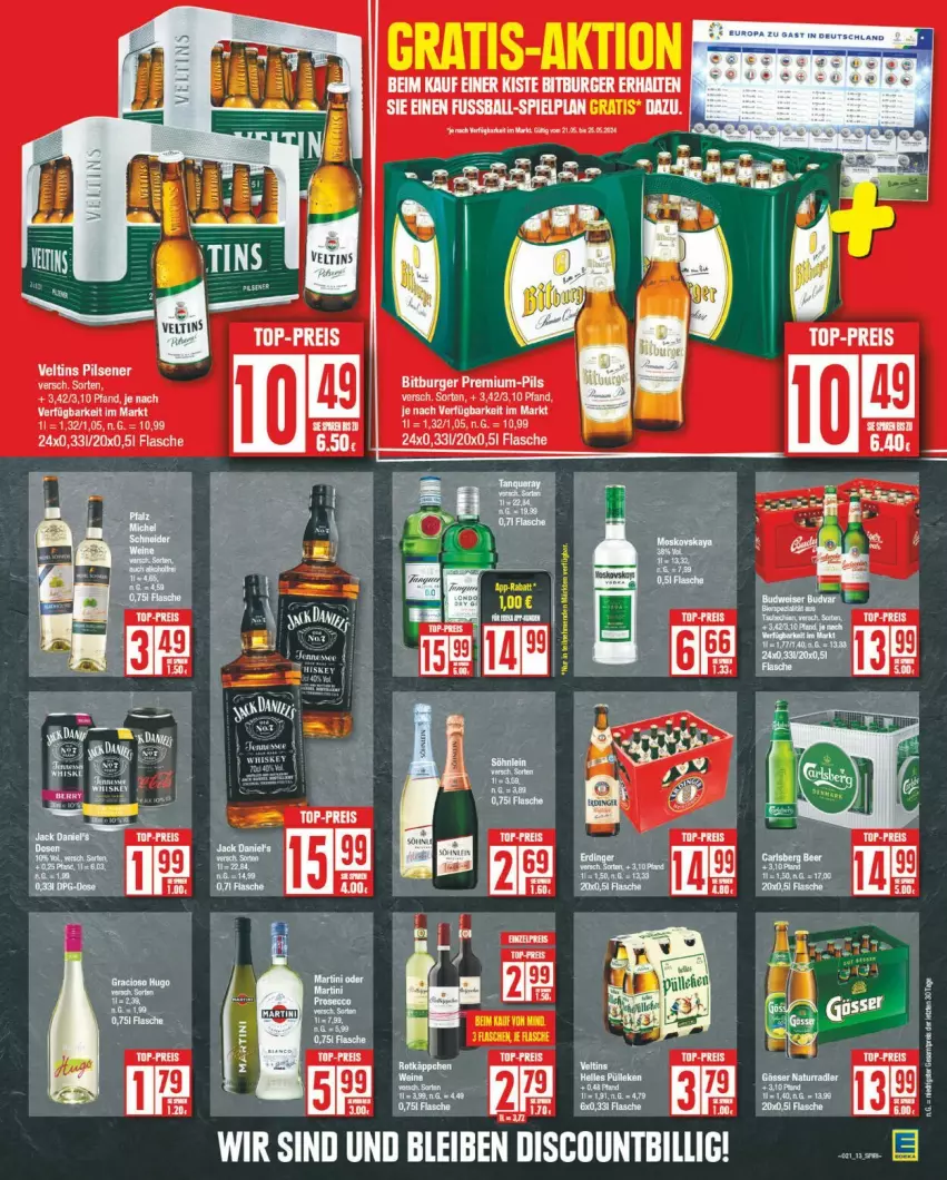 Aktueller Prospekt Edeka - Prospekte - von 20.05 bis 25.05.2024 - strona 13 - produkty: ball, bitburger, burger, eier, eis, flasche, pils, pilsener, reis, tee, Ti, top-preis, veltins, veltins pilsener