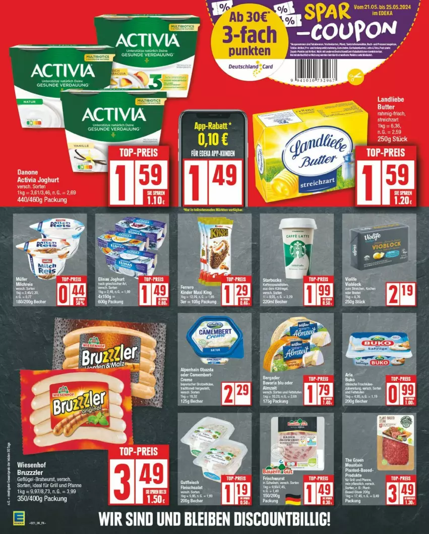 Aktueller Prospekt Edeka - Prospekte - von 20.05 bis 25.05.2024 - strona 6 - produkty: activa, activia, activia joghurt, bratwurst, bruzzzler, danone, danone activia, deka, eier, eis, Geflügel, joghur, joghurt, landliebe, reis, tee, Ti, top-preis, wurst