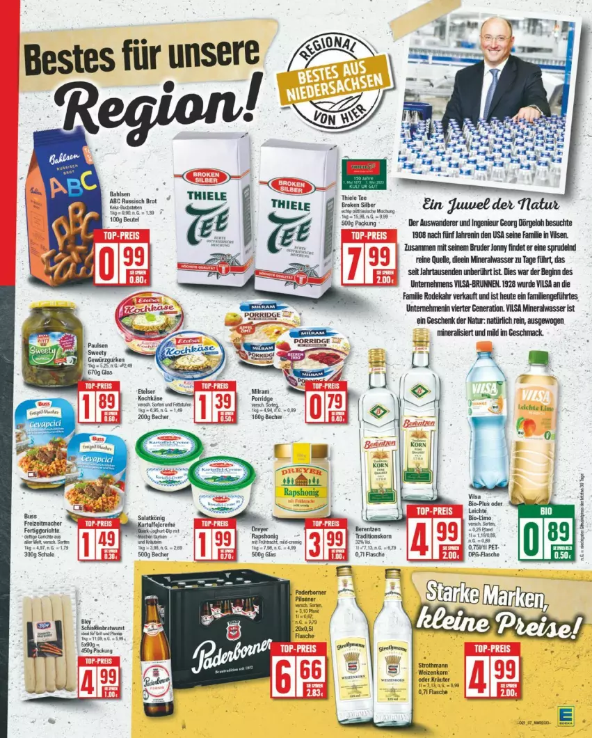 Aktueller Prospekt Edeka - Prospekte - von 20.05 bis 25.05.2024 - strona 7 - produkty: Alwa, Becher, beutel, bio, brot, brunnen, deka, elle, fisch, fische, Fischer, flasche, gewürz, Gewürzgurke, gewürzgurken, gin, gurke, gurken, Heu, honig, korn, kräuter, limo, mac, mineralwasser, natur, oder kräuter, russisch brot, salat, Schal, Schale, Sprudel, stube, tee, Ti, vilsa, wasser, weizenkorn