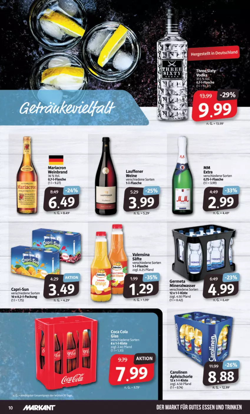 Aktueller Prospekt Markant - Prospekte - von 07.08 bis 12.08.2023 - strona 10 - produkty: Alwa, apfel, Apfelschorle, Cap, capri-sun, elle, flasche, Germ, gutes essen, mariacron, mineralwasser, Ria, schorle, Ti, valensina, wasser, wein, weinbrand, weine