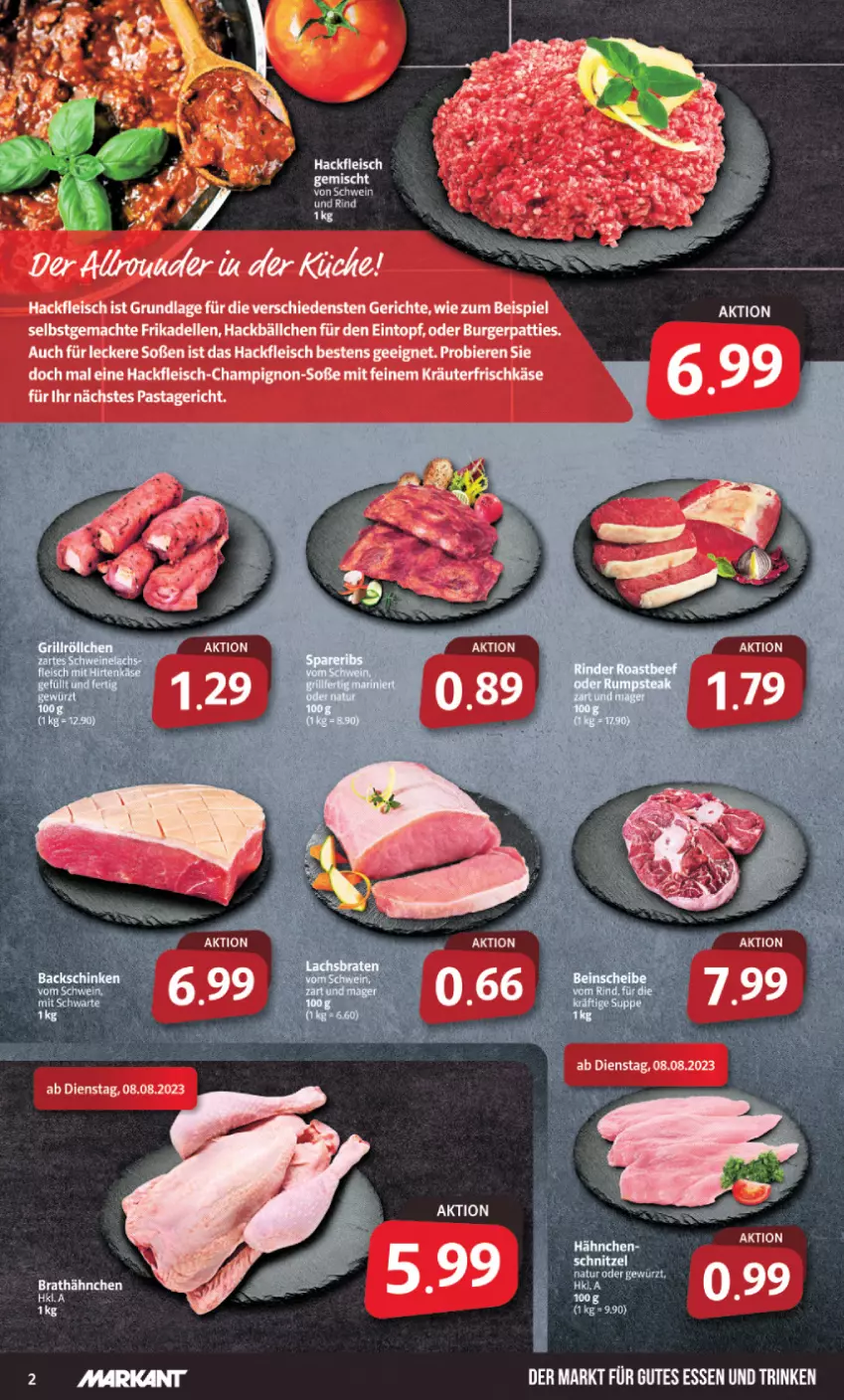 Aktueller Prospekt Markant - Prospekte - von 07.08 bis 12.08.2023 - strona 2 - produkty: bier, Biere, burger, champignon, dell, eintopf, eis, elle, fleisch, frikadellen, frischkäse, gutes essen, hackfleisch, Käse, kräuter, mac, pasta, Pastagericht, Soße, Ti, topf