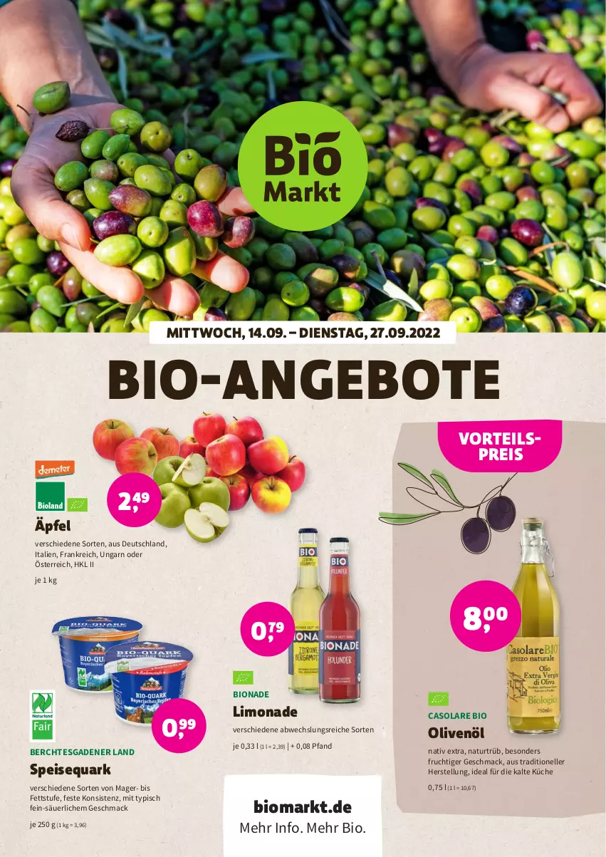 Aktueller Prospekt Denns Biomarkt - Prospekte - von 14.09 bis 27.09.2022 - strona 1 - produkty: angebot, angebote, bio, bionade, eis, elle, frucht, küche, limo, limonade, mac, natur, olive, oliven, olivenöl, quark, reis, speisequark, Ti, vorteilspreis