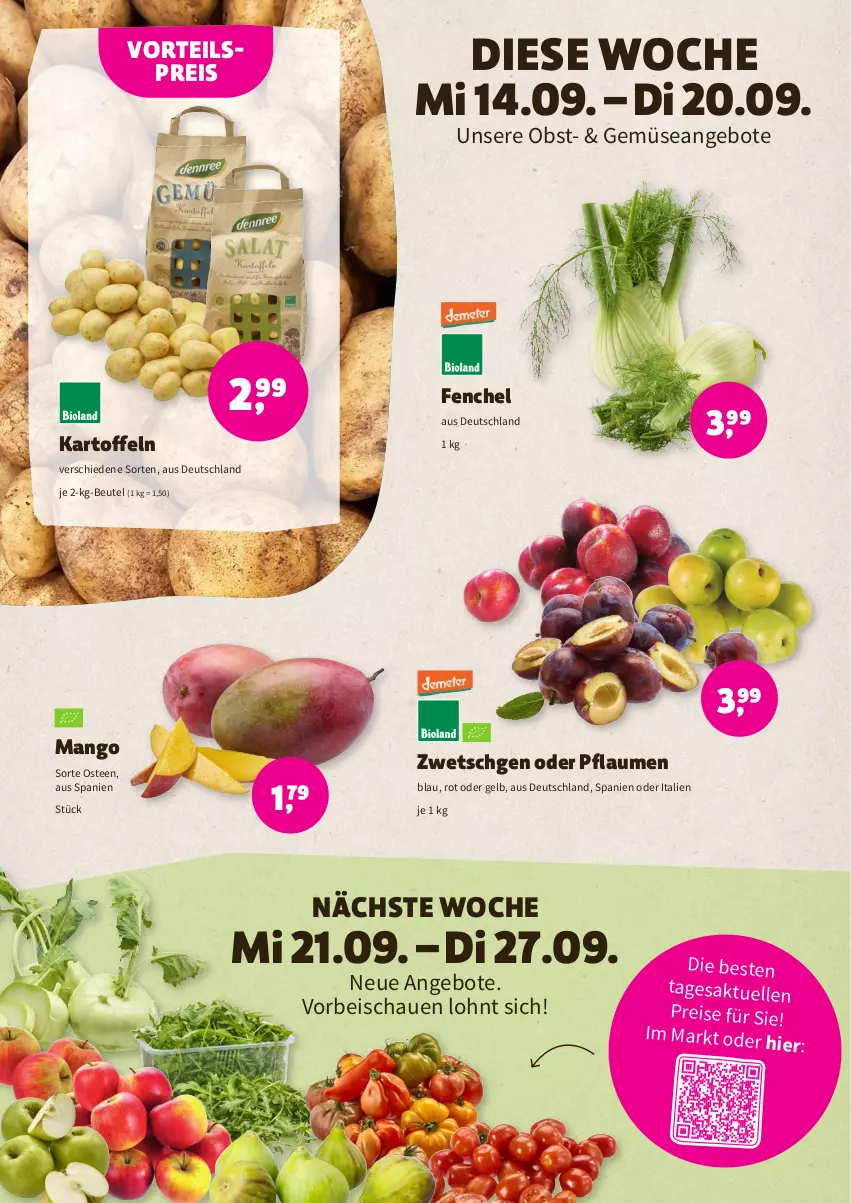 Aktueller Prospekt Denns Biomarkt - Prospekte - von 14.09 bis 27.09.2022 - strona 2 - produkty: angebot, angebote, beutel, eis, elle, fenchel, kartoffel, kartoffeln, mango, obst, pflaume, pflaumen, reis, tee, vorteilspreis