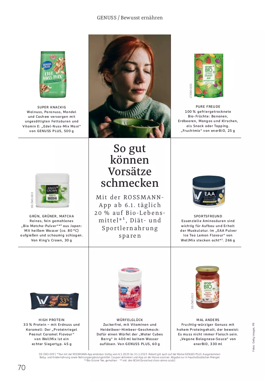 Aktueller Prospekt Rossmann - Prospekte - von 06.01 bis 31.01.2025 - strona 70 - produkty: banane, bananen, Bau, beere, beeren, bio, bolognese, caramel, Cashew, coupon, eis, elle, erdbeere, erdbeeren, erdnuss, fleisch, frucht, früchte, grüner tee, himbeer, ice tea, karamell, Kinder, Kindernahrung, kirsch, kirsche, kirschen, LG, mac, mandel, mango, mangos, nuss, riegel, sauce, snack, Sport, tee, Ti, vita, Vitamine, walnuss, wasser, würfel, zucker