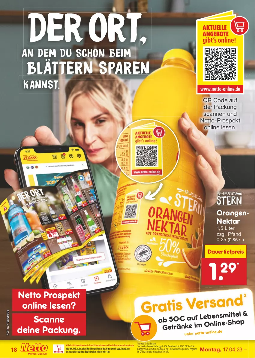 Aktueller Prospekt Netto Marken-Discount - Filial-Angebote - von 17.04 bis 22.04.2023 - strona 18 - produkty: angebot, angebote, auer, bestpreis, dauertiefpreis, eis, lebensmittel, ndk, Nektar, orange, orangen, reis, Ti, tiefpreis, versandkostenfrei