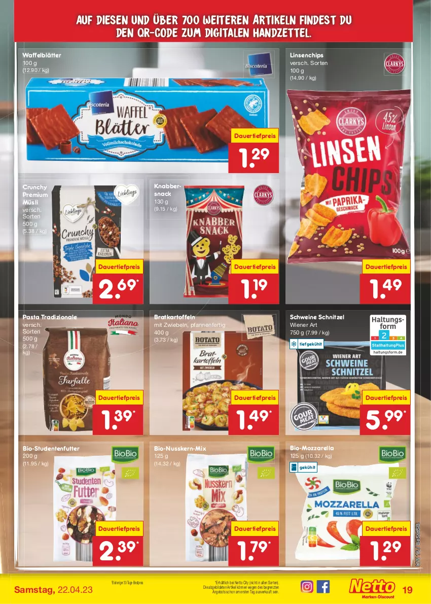 Aktueller Prospekt Netto Marken-Discount - Filial-Angebote - von 17.04 bis 22.04.2023 - strona 19 - produkty: angebot, auer, bestpreis, bio, chips, dauertiefpreis, eis, ente, kartoffel, kartoffeln, KnabberSnack, linsen, mit zwiebeln, mozzarella, müsli, nuss, pasta, pfanne, pfannen, reis, rel, schnitzel, schwein, schweine, snack, studentenfutter, Ti, tiefpreis, tradizionale, wein, weine, wiener, ZTE, zwiebel, zwiebeln