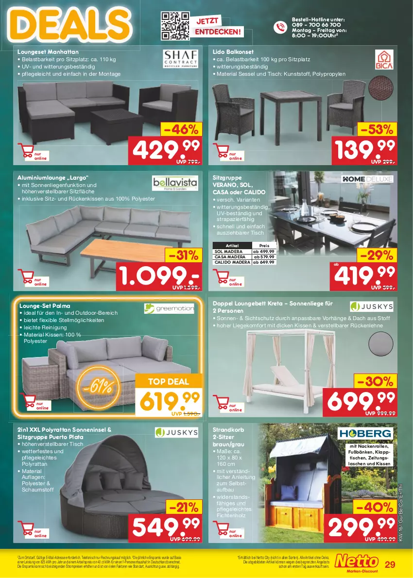 Aktueller Prospekt Netto Marken-Discount - Filial-Angebote - von 17.04 bis 22.04.2023 - strona 29 - produkty: angebot, angebote, Balkonset, Bau, bett, braun, decke, eis, Holz, kissen, klapptisch, korb, Liege, lounge-set, loungeset, ndk, Reinigung, reis, Ria, Rückenkissen, rückenlehne, sessel, sonnenliege, strandkorb, telefon, Ti, tisch, uhr, ZTE