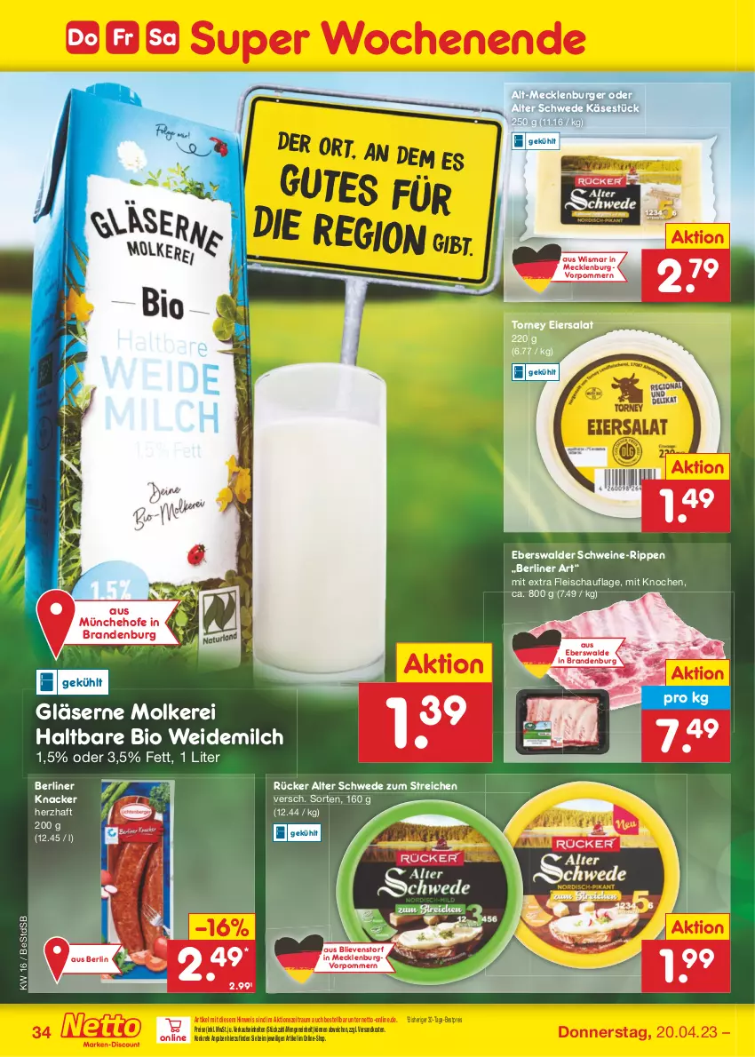 Aktueller Prospekt Netto Marken-Discount - Filial-Angebote - von 17.04 bis 22.04.2023 - strona 34 - produkty: berliner, bestpreis, bio, burger, eier, eiersalat, eis, fleisch, Gläser, Käse, knacker, milch, ndk, reis, Rippen, salat, schwein, schweine, Ti, weidemilch, wein, weine