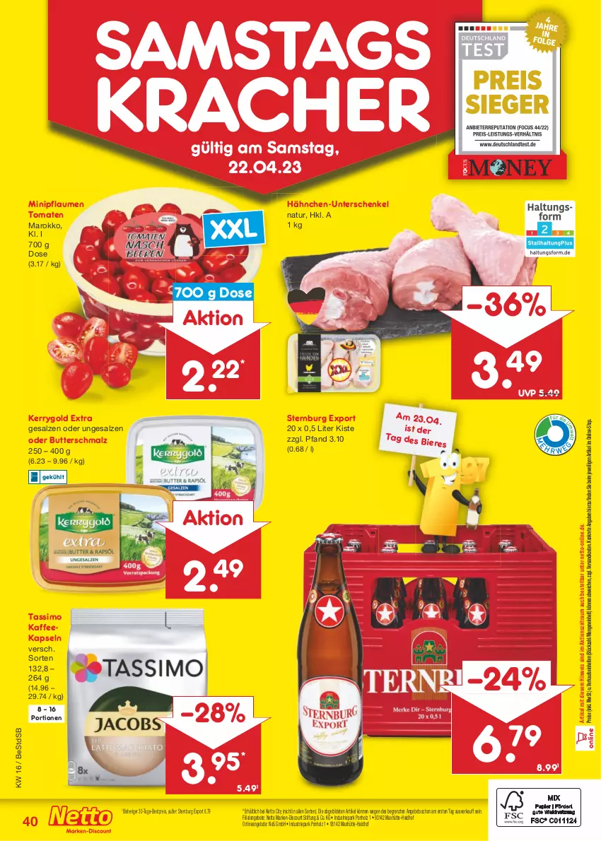 Aktueller Prospekt Netto Marken-Discount - Filial-Angebote - von 17.04 bis 22.04.2023 - strona 40 - produkty: angebot, angebote, bestpreis, butter, Butterschmalz, discount, eis, henkel, Holz, kaffee, kaffeekapseln, kerrygold, kerrygold extra, kracher, malz, marken-discount, natur, ndk, pflaume, pflaumen, reis, salz, schenkel, Schmalz, sim, Sternburg, tassimo, Ti, tomate, tomaten, ZTE