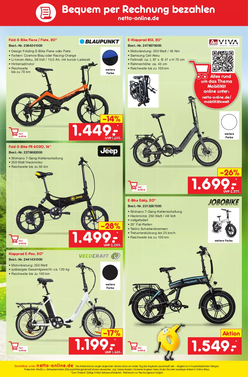 Aktueller Prospekt Netto Marken-Discount - Filial-Angebote - von 17.04 bis 22.04.2023 - strona 45 - produkty: akku, angebot, cin, E-Bike, eis, Kette, Klapprad, LG, ndk, orange, Pax, reifen, reis, Samsung, Schal, shimano, telefon, Ti, ZTE