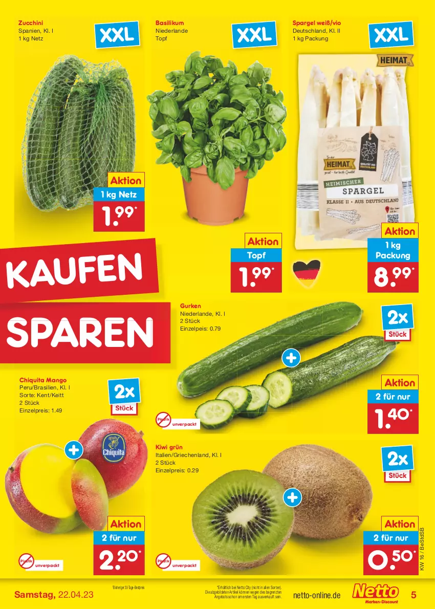 Aktueller Prospekt Netto Marken-Discount - Filial-Angebote - von 17.04 bis 22.04.2023 - strona 5 - produkty: angebot, asti, basilikum, bestpreis, chiquita, eis, gurke, gurken, kiwi, mango, reis, spargel, Ti, topf, ZTE, zucchini