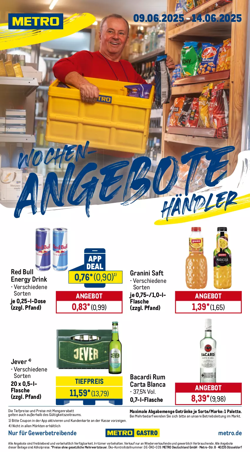 Aktueller Prospekt Metro - Wochen-Angebote Händler - von 09.06 bis 14.06.2025 - strona 1 - produkty: abholpreise, angebot, angebote, bacardi, bacardi rum, coupon, drink, eis, energy drink, flasche, getränk, getränke, granini, ilag, jever, Metro, Palette, Rauch, red bull, reis, rum, rwe, saft, Ti, tiefpreis