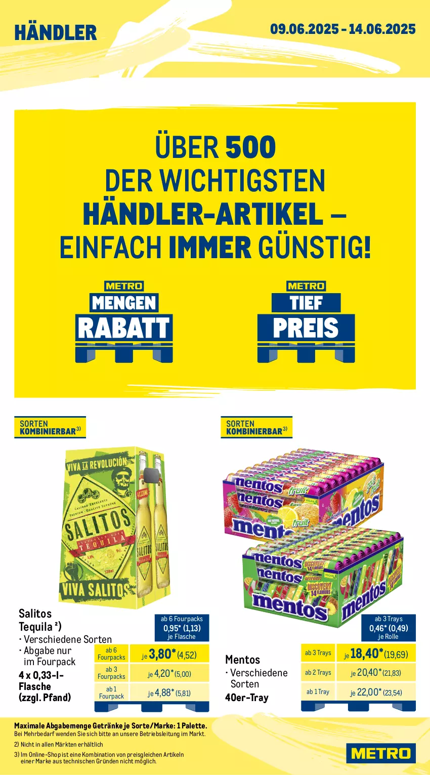 Aktueller Prospekt Metro - Wochen-Angebote Händler - von 09.06 bis 14.06.2025 - strona 4 - produkty: eis, flasche, getränk, getränke, mentos, Palette, reis, tequila, Ti