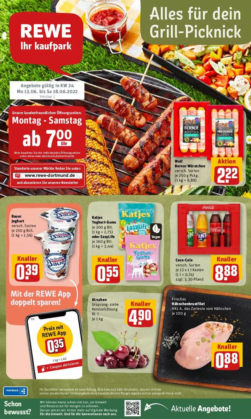 Aktueller Prospekt Rewe - REWE Ihr Kaufpark - von 13.06 bis 18.06.2022 - strona 1 - produkty: angebot, angebote, auer, Bau, Bauer, brustfilet, coca-cola, cola, eis, elle, filet, grill, hähnchenbrust, hähnchenbrustfilet, Heu, joghur, joghurt, katjes, kirsch, kirsche, kirschen, reis, rum, Ti, uhr, würstchen, Yo, yoghurt