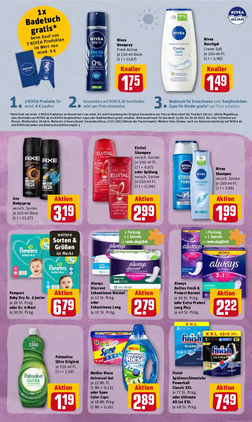 Aktueller Prospekt Rewe - REWE Ihr Kaufpark - von 13.06 bis 18.06.2022 - strona 15 - produkty: Alwa, Always, axe, Bad, Badehandtuch, badetuch, badetuch für, ball, body, bodyspray, Cap, creme, dailies, deo, deospray, Discreet, duschgel, eier, elvital, Finish, gin, handtuch, Kinder, nivea, olive, palmolive, pampers, pampers baby dry, powerball, shampoo, spee, spülmaschinen, spülmaschinentabs, spülung, Ti, tuc, universal gel, vita