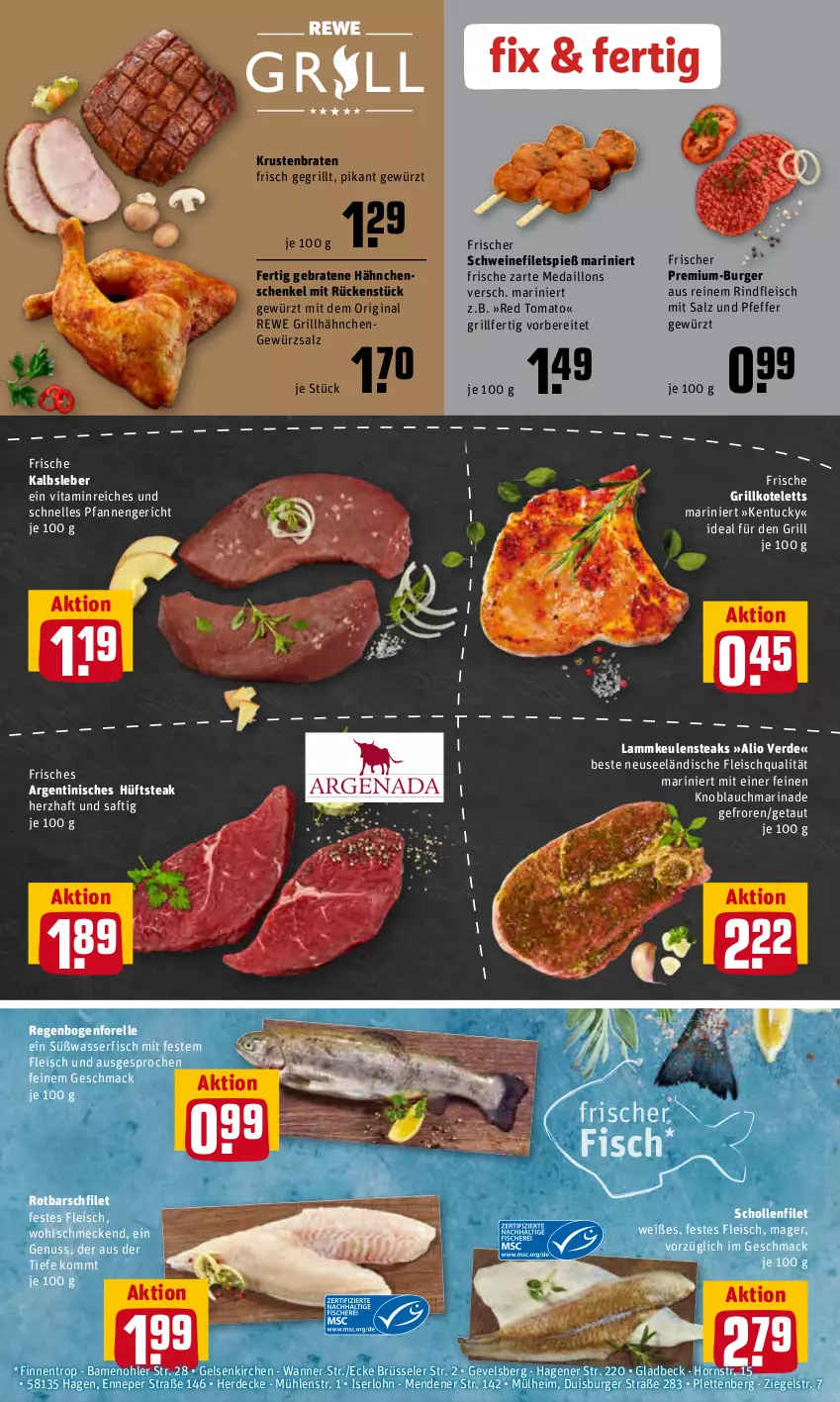 Aktueller Prospekt Rewe - REWE Ihr Kaufpark - von 13.06 bis 18.06.2022 - strona 4 - produkty: braten, burger, decke, eis, elle, erde, filet, filets, fisch, fleisch, forelle, gewürz, gewürzsalz, gin, grill, grillhähnchen, grillkotelett, grillkoteletts, hähnchenschenkel, henkel, hüftsteak, Kalbsleber, knoblauch, kotelett, krustenbraten, lamm, lammkeule, mac, marinade, medaillons, nuss, pfanne, pfannen, pfeffer, rel, rind, rindfleisch, Rotbarsch, rotbarschfilet, saft, salz, schenkel, scholl, schwein, schweine, schweinefilet, steak, steaks, Ti, tuc, vita, Wanne, wasser, wein, weine