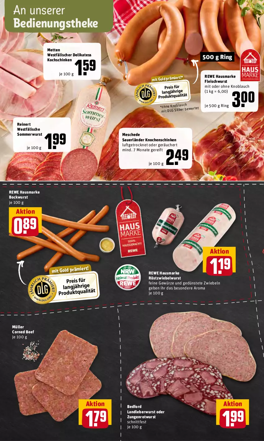 Aktueller Prospekt Rewe - REWE Ihr Kaufpark - von 13.06 bis 18.06.2022 - strona 6 - produkty: auer, beef, bockwurst, corned beef, eis, fleisch, fleischwurst, gewürz, hausmarke, knoblauch, kochschinken, landleberwurst, leberwurst, LG, Mett, metten, mit oder ohne knoblauch, Müller, reinert, rewe hausmarke, ring, Rotwurst, schinken, Ti, wurst, zwiebel, zwiebeln