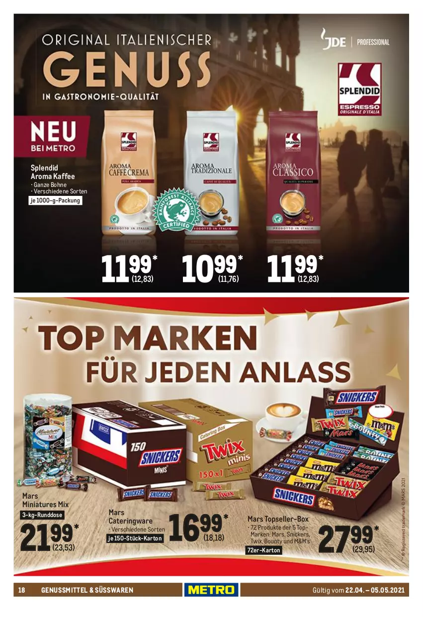 Aktueller Prospekt Metro - GastroJournal - von 22.04 bis 05.05.2021 - strona 18 - produkty: bohne, bounty, elle, kaffee, mars, nuss, ring, snickers, Splendid, süsswaren, Ti, twix