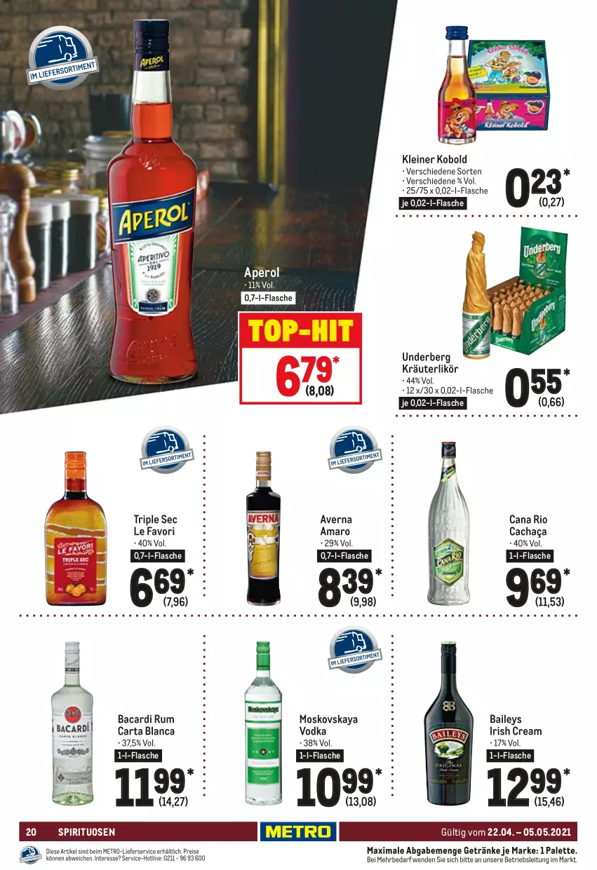 Aktueller Prospekt Metro - GastroJournal - von 22.04 bis 05.05.2021 - strona 20 - produkty: amaro, aperol, averna, bacardi, bacardi rum, baileys, cachaça, Cana Rio, eis, flasche, getränk, getränke, irish cream, kräuter, kräuterlikör, leine, lieferservice, likör, Metro, moskovskaya, Palette, reis, rum, spirituosen, Ti, underberg, vodka