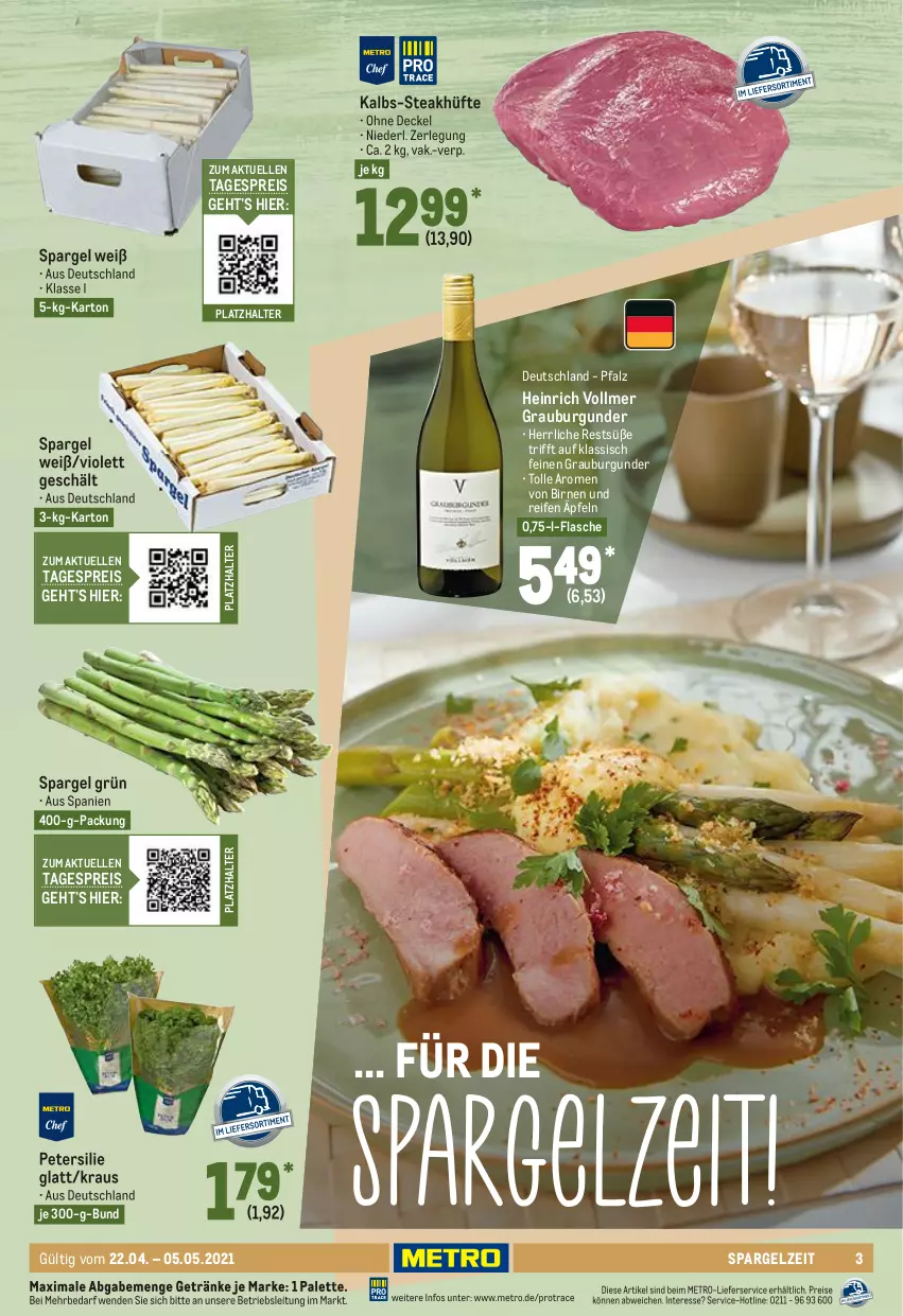 Aktueller Prospekt Metro - GastroJournal - von 22.04 bis 05.05.2021 - strona 3 - produkty: Birnen, burgunder, decke, Deckel, eis, elle, flasche, getränk, getränke, grauburgunder, lieferservice, Metro, Palette, petersilie, reifen, reis, spargel, spargel grün, steak, steakhüfte, Ti