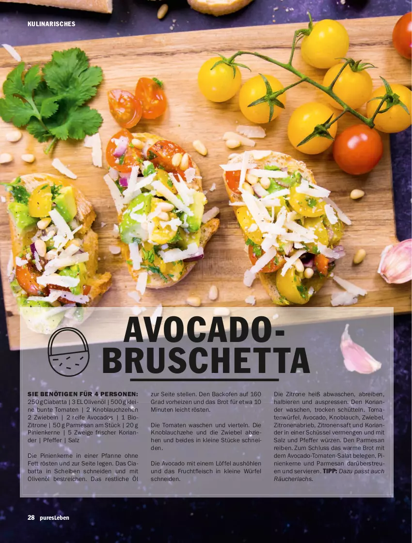 Aktueller Prospekt Hit - Prospekte - von 01.03 bis 30.04.2022 - strona 28 - produkty: avocado, avocados, backofen, bier, Biere, bio, Brei, brie, brot, ciabatta, eis, elle, fleisch, frucht, fruchtfleisch, knoblauch, Koriander, lachs, leine, Löffel, Ofen, olive, oliven, olivenöl, pfanne, pfeffer, pinienkerne, Räucherlachs, Ria, saft, salat, salz, schüssel, Ti, tomate, tomaten, würfel, zitrone, zitronen, zitronensaft, zwiebel, zwiebeln